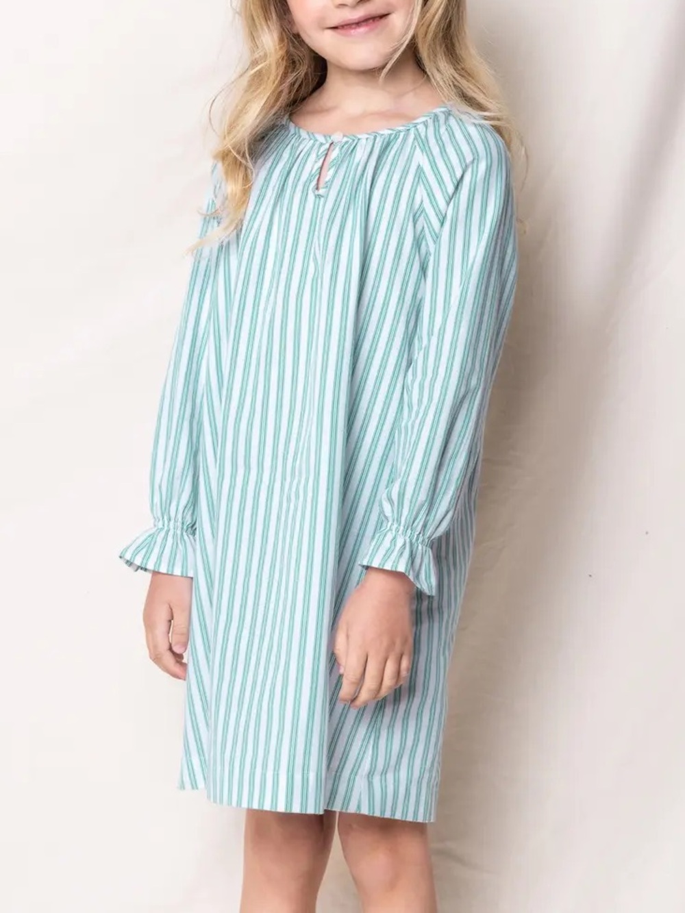Petite Plume Kids' Delphine Emerald Ticking Stripe Cotton Blend Twill Nightgown
